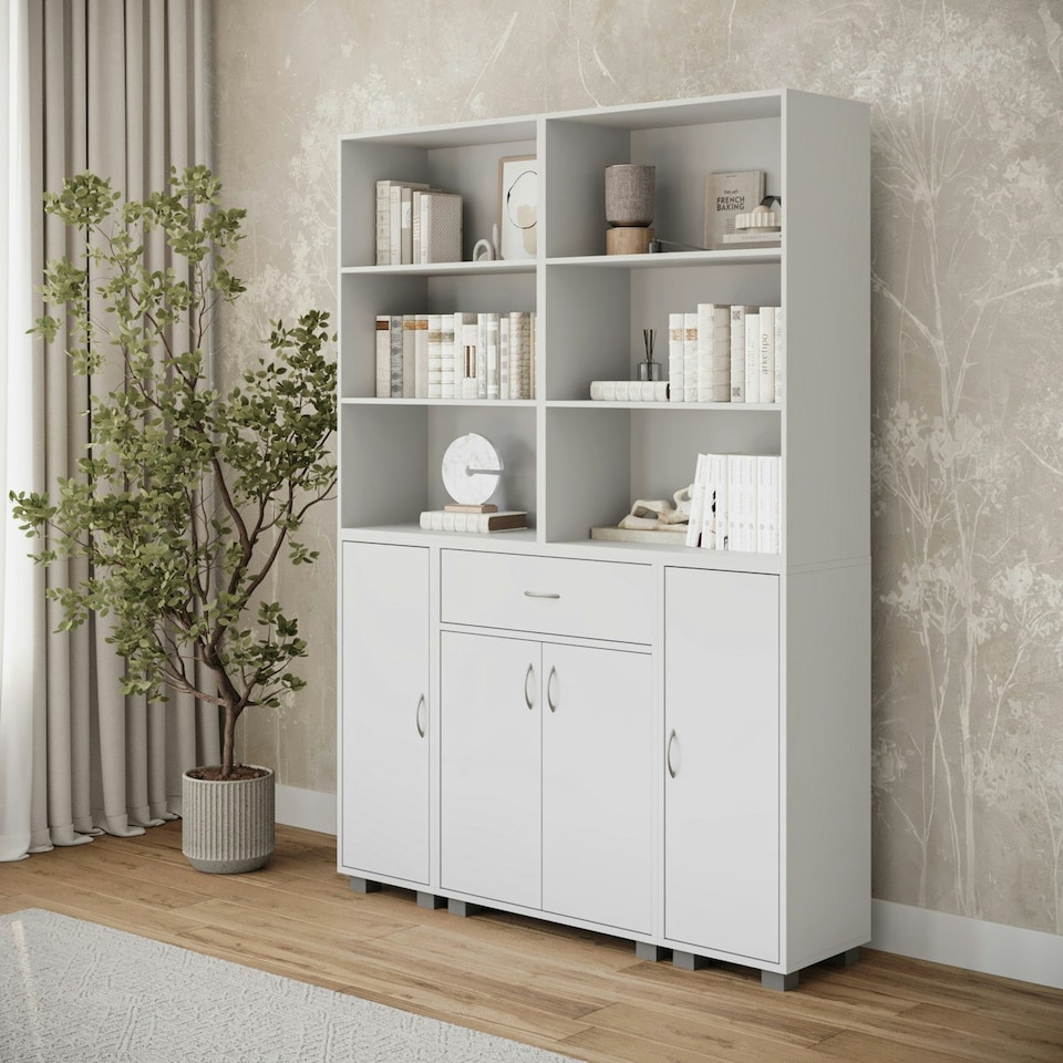 image 1 of Multi-Compartment Cabinet with 3-Tier Bookshelves and 1-Drawer White | Unit Colour: White