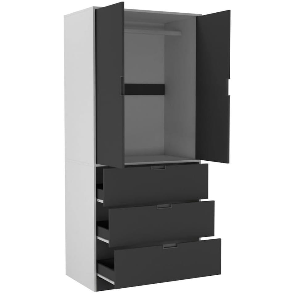 image 1 of 2 Door 3 Drawer Wardrobe with Hanging Rail - Modern Bedroom Storage Furniture | White | White with Black Doors | 1