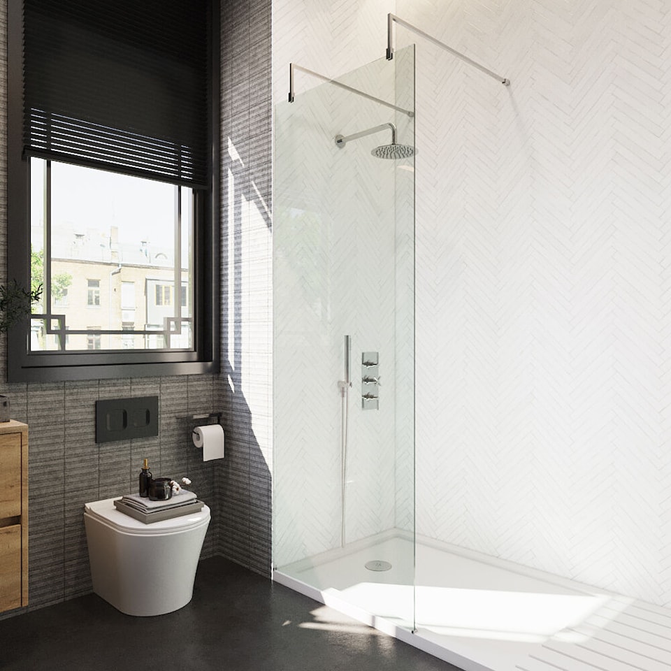 image 1 of Balterley Hollinsclough Contemporary Bathroom 8mm Glass Wetroom Screen with Arms & Feet, Chrome Finish, 1950 x 760 x 14mm