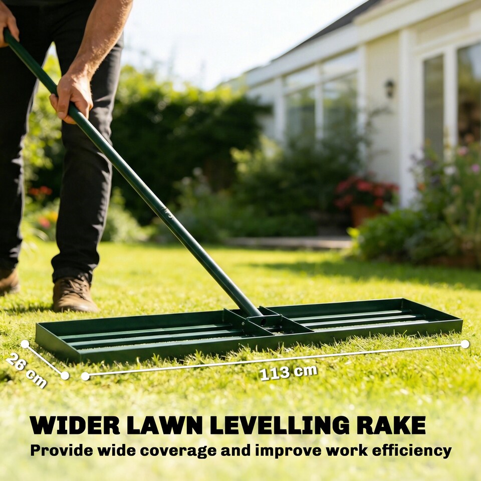 image 1 of Outsunny 113 x 26 cm Lawn Levelling Rake with 169 cm Handle | Green | Green | 113L x 26W x 177H cm
