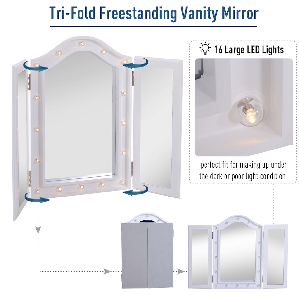 image 1 of HOMCOM Trifold Tabletop Mirror, 7353.5cm Makeup Mirror Large Cosmetic w16 LED Lights Powered by Batteries, Foldable For Bedroom, White