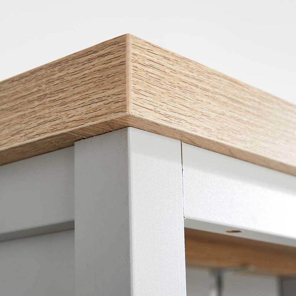 image 1 of Grey Oak Tall Bookcase Display Unit 4 Bookshelves Storage Drawer Metal Handles