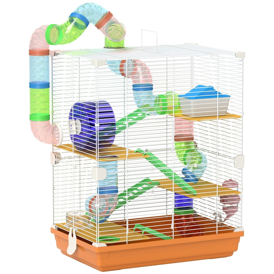 image 1 of Pawhut 5 Tier Hamster Cage Carrier Habitat w/ Exercise Wheels, Orange