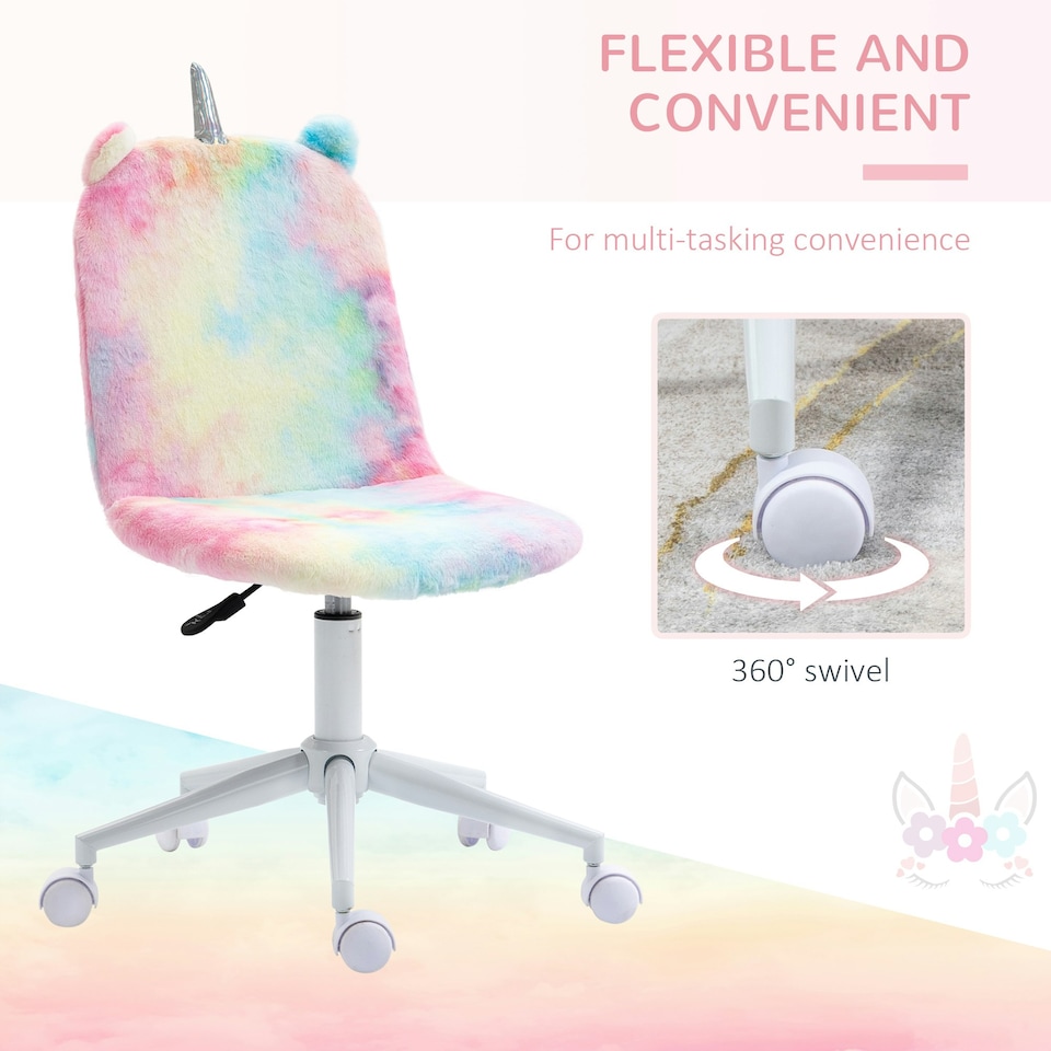 image 1 of Vinsetto Fluffy Unicorn Office Chair w/ Swivel Wheel, Cute Desk Chair, Rainbow