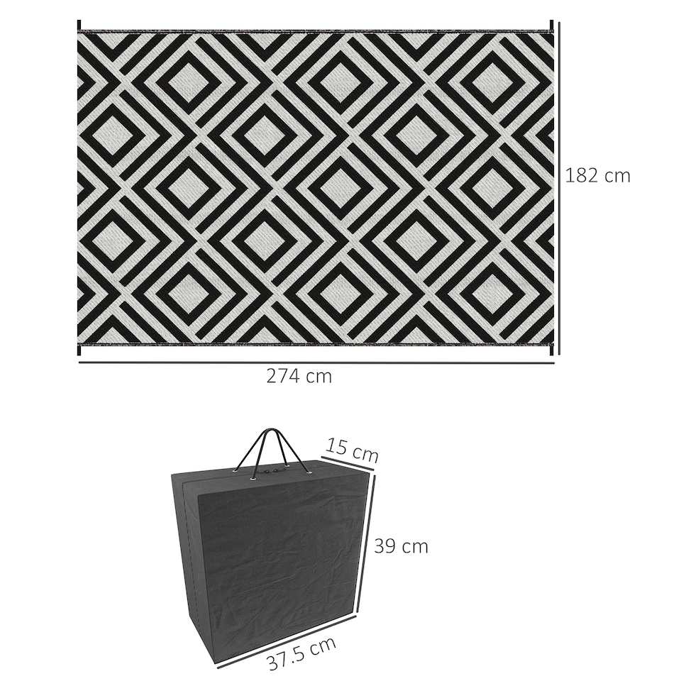 image 1 of Outsunny Reversible Waterproof Outdoor Rug W Carry Bag, 182 x 274 cm | Multi | Black and White | 182L x 274W x 0.3Hcm
