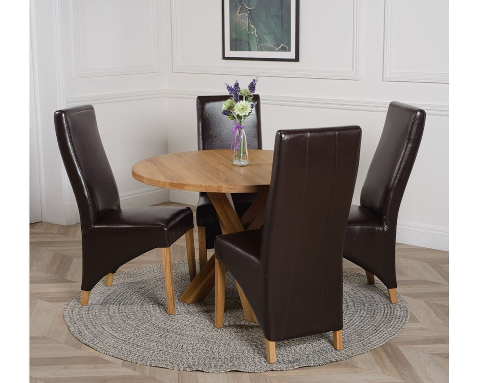image 1 of Oregon Round Oak Dining Table and 4 Lola Leather Chairs | Brown | Brown | 1