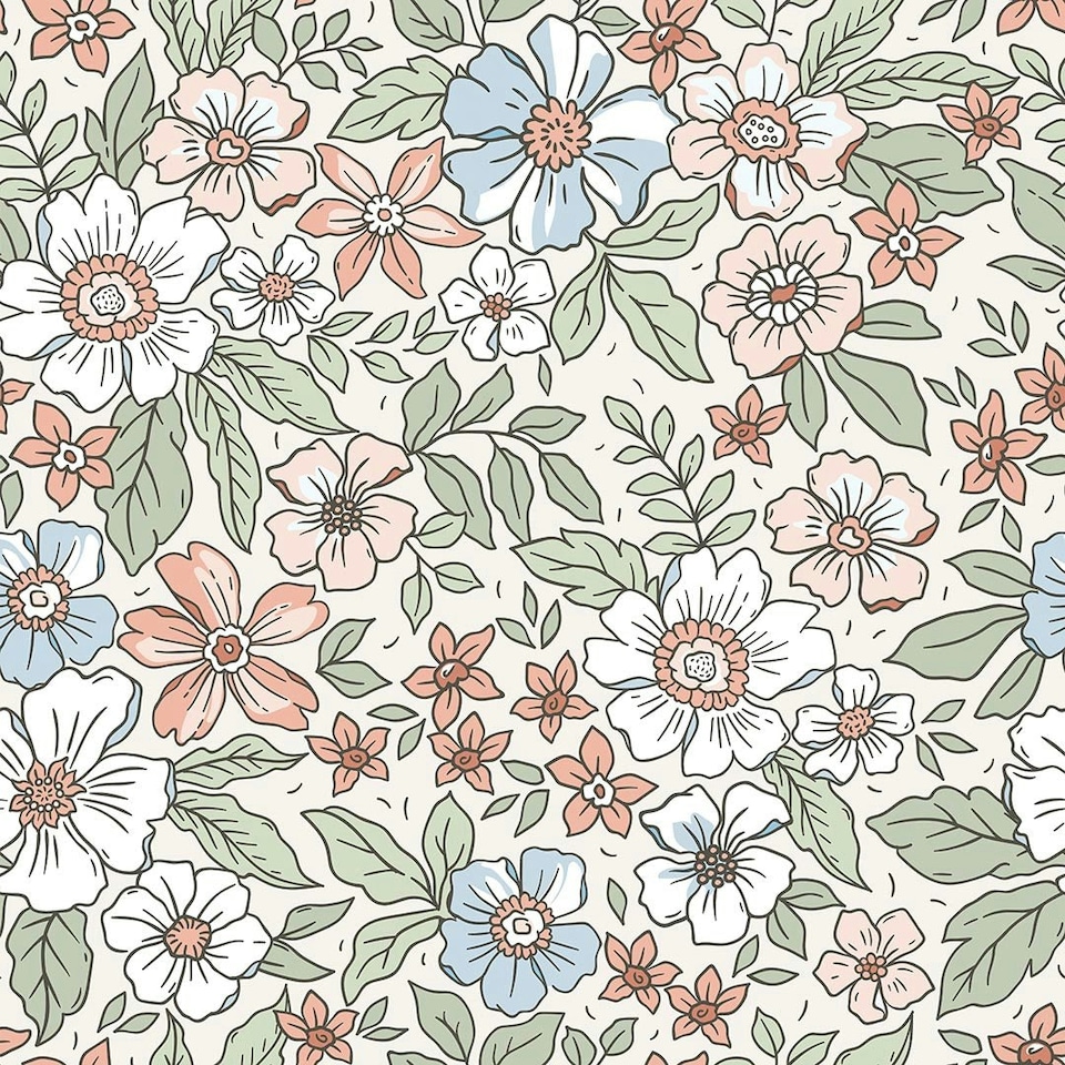 image 1 of Gorgeous Gardenia Wallpaper in Sage, Soft Blues and Peach Multi