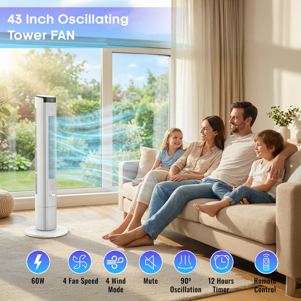 image 1 of PureMate 43-Inch Bladeless Tower Fan with Remote Control - White