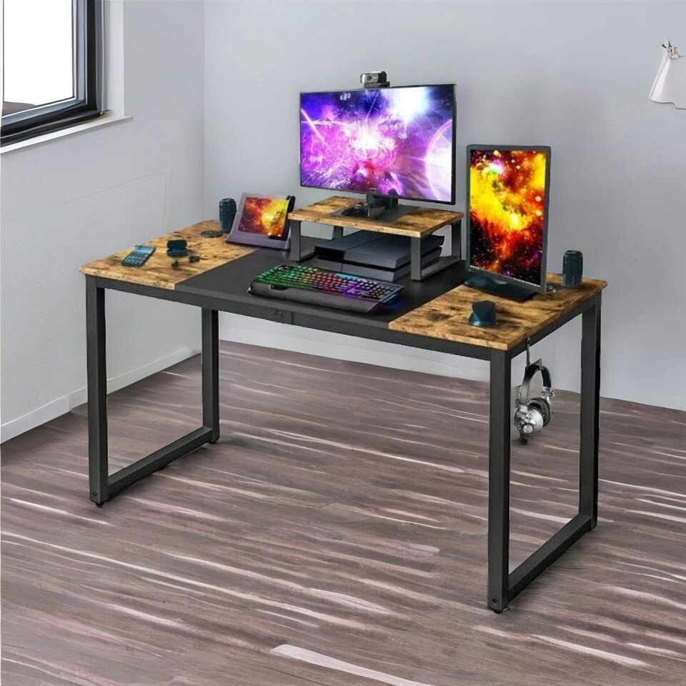 image 1 of Industrial Writing Desk With Moveable Monitor Mount Brown