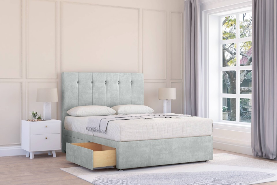 image 1 of Sloomy Highbury Silver Naples Divan Bed With Mattress 2 Drawers Same Side With 54" Floor Standing Headboard 5' King | Silver | Silver | King | 1