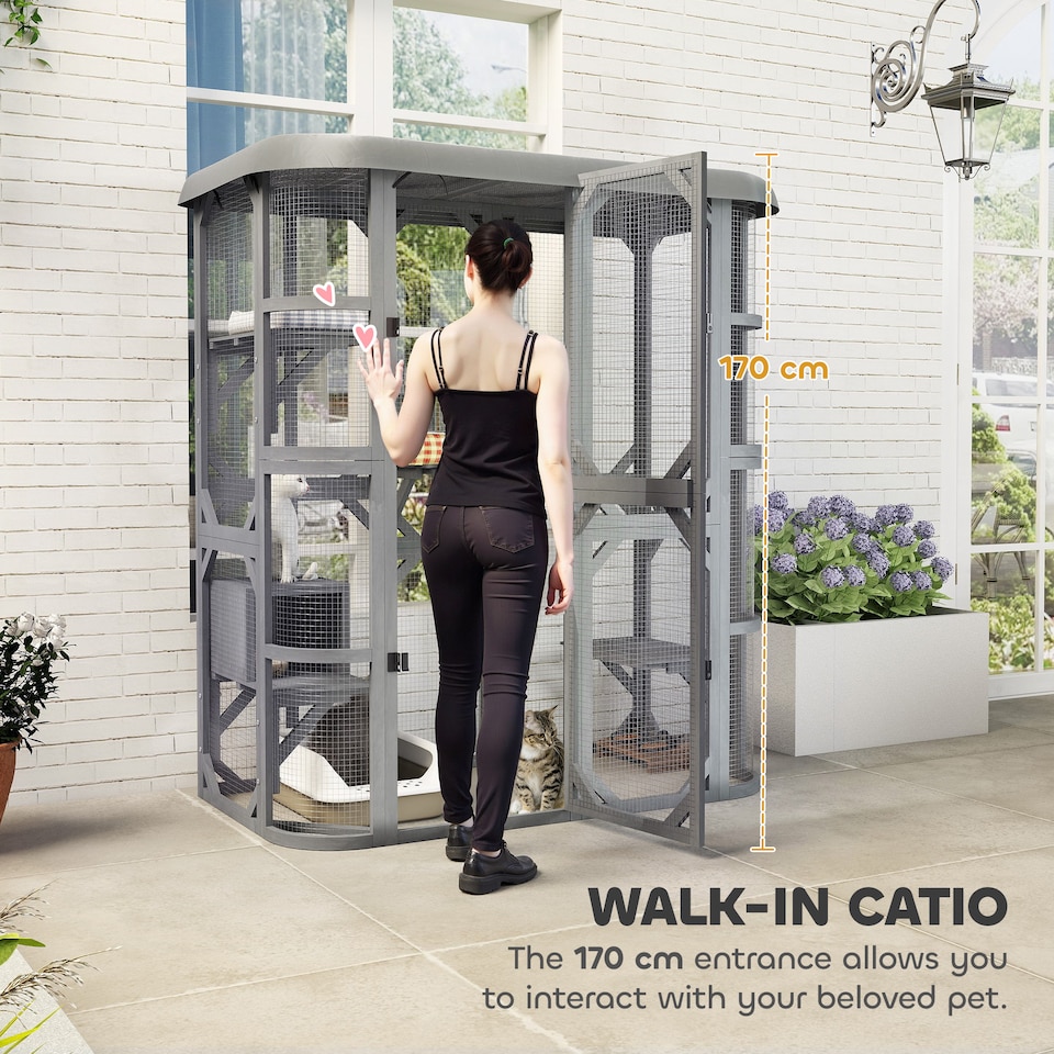 image 1 of PawHut Walk-in Catio, Outdoor Cat Enclosure with 4 Jumping Platforms, Condo and Waterproof Cover, Outdoor Indoor Large Cat House for 2-3 Kittens ,Grey