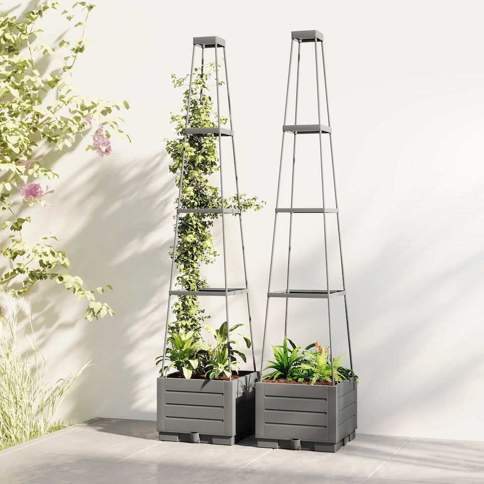 image 1 of Outsunny 2 Pack Raised Garden Bed with Trellis and Removable Drainage Tray | Grey | Grey