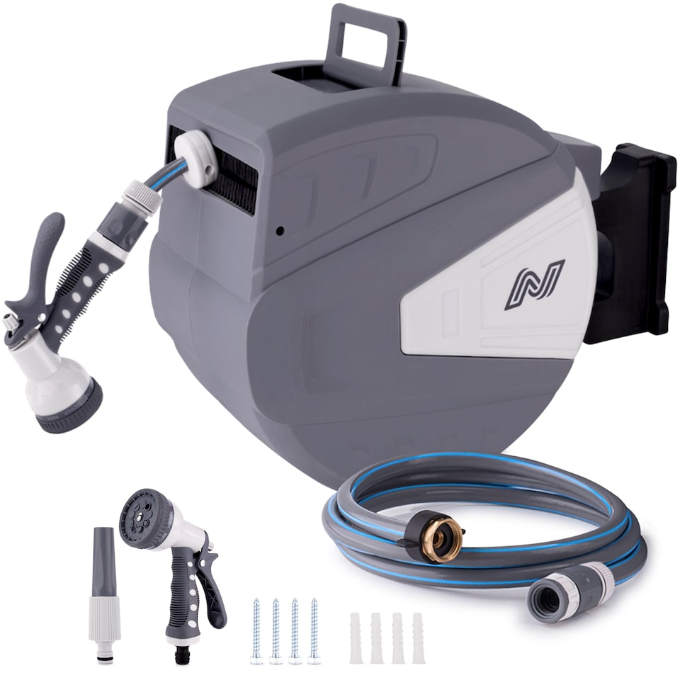 image 1 of NETTA Retractable Hose Reel with Auto Rewind, 180° Swivel and 9-Function Spray Gun