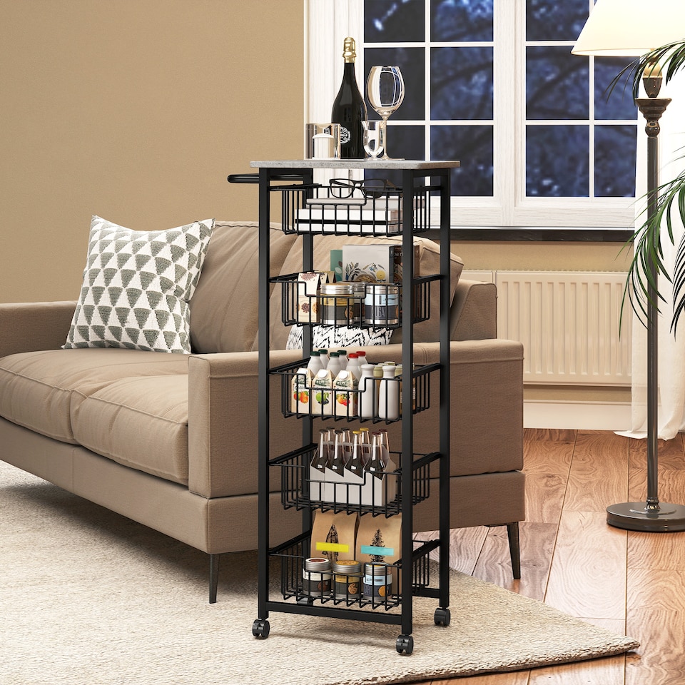 image 1 of HOMCOM 5-Tier Kitchen Island on Wheels, Rolling Kitchen Storage Trolley with 5 Pull-Out Mesh Baskets, Mobile Utility Serving Cart, Light Grey | Grey | Light Grey