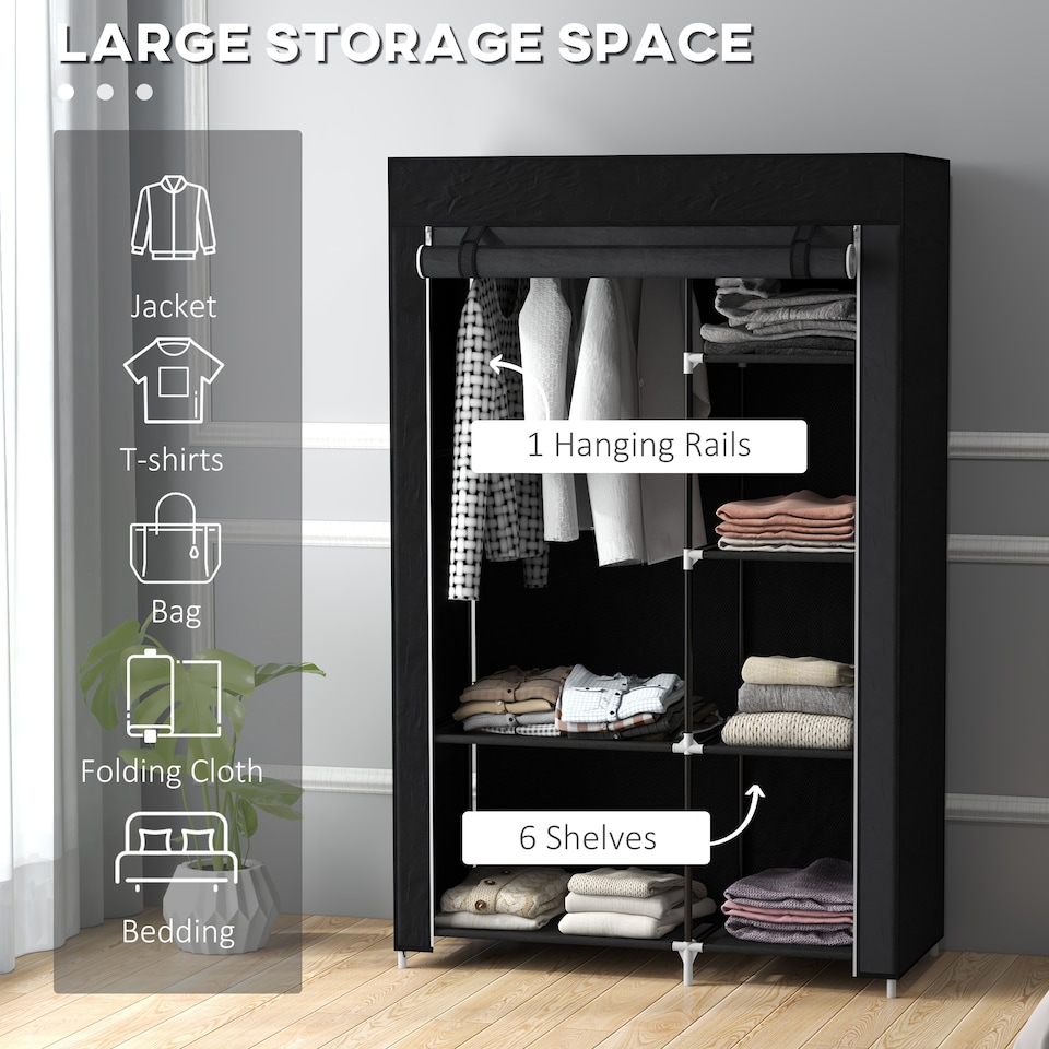 image 1 of HOMCOM Fabric Wardrobe, Portable Wardrobe with 6 Shelves, 1 Hanging Rail, Foldable Closets, 103 x 43 x 162.5 cm, Black