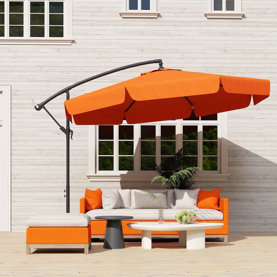 image 1 of Outsunny 2.7m Garden Banana Parasol Cantilever Umbrella with Crank Handle and Cross Base for Outdoor, Hanging Sun Shade, Orange | Orange | Orange