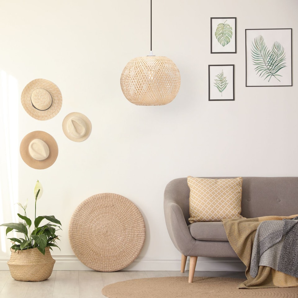 image 1 of Modern Spherical Cage Design Bamboo Strapping Pendant Lamp Shade | Brown | Brown | 1