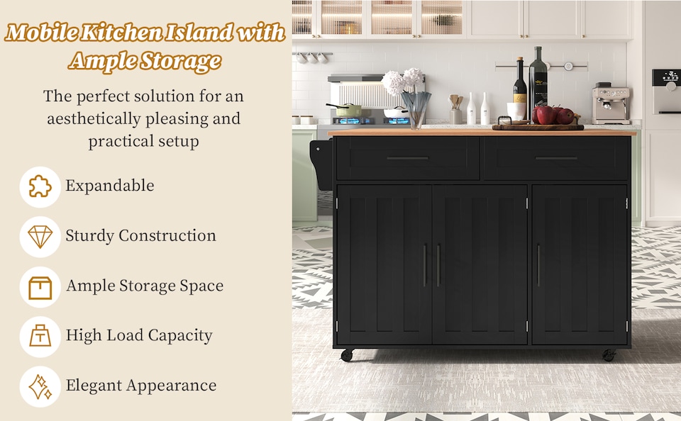 image 1 of VILUXE Mobile Kitchen Island with Foldable Worktop, 2 Drawers, Adjustable Shelves, Towel Rail, Wheels and Solid Wood Feet, Black and Natural