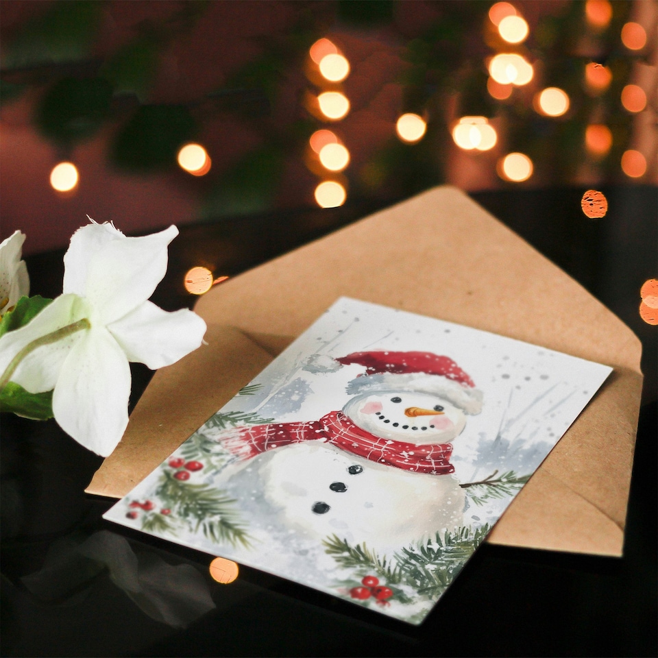 image 1 of Santa Hat Scarf Snowman Holly Blank For Him Or Her Art Xmas Festive Christmas Card