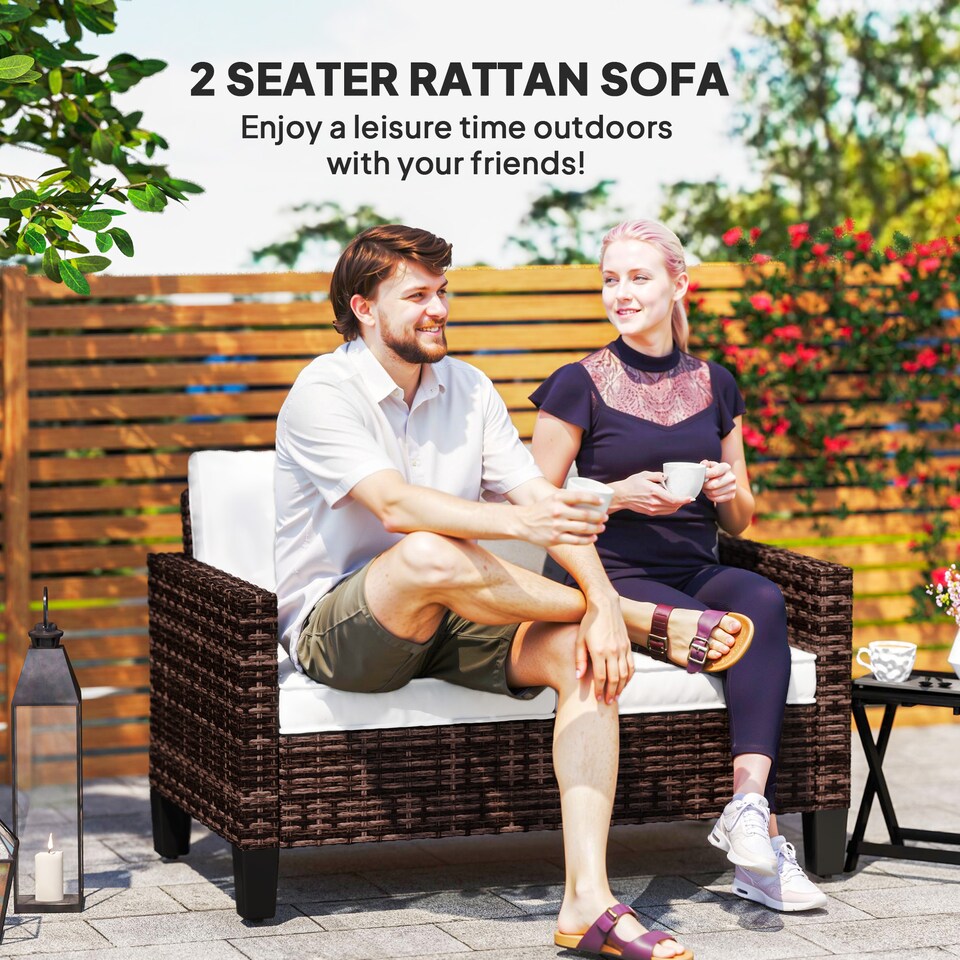 image 1 of Outsunny 2 Seater Rattan Sofa with Cushions, Wicker Garden Loveseat with Armrests, Outdoor Garden Sofa Couch with Steel Frame for Balcony, Porch, Brown