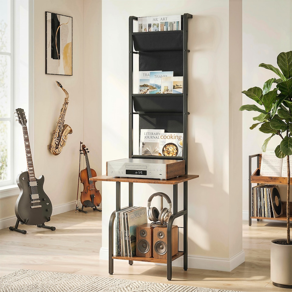 image 1 of HOMCOM Vinyl Record Player Stand with Oxford Pockets Rustic Brown and Black | Brown | Rustic Brown and Black | 50 x 48.5 x 144 cm