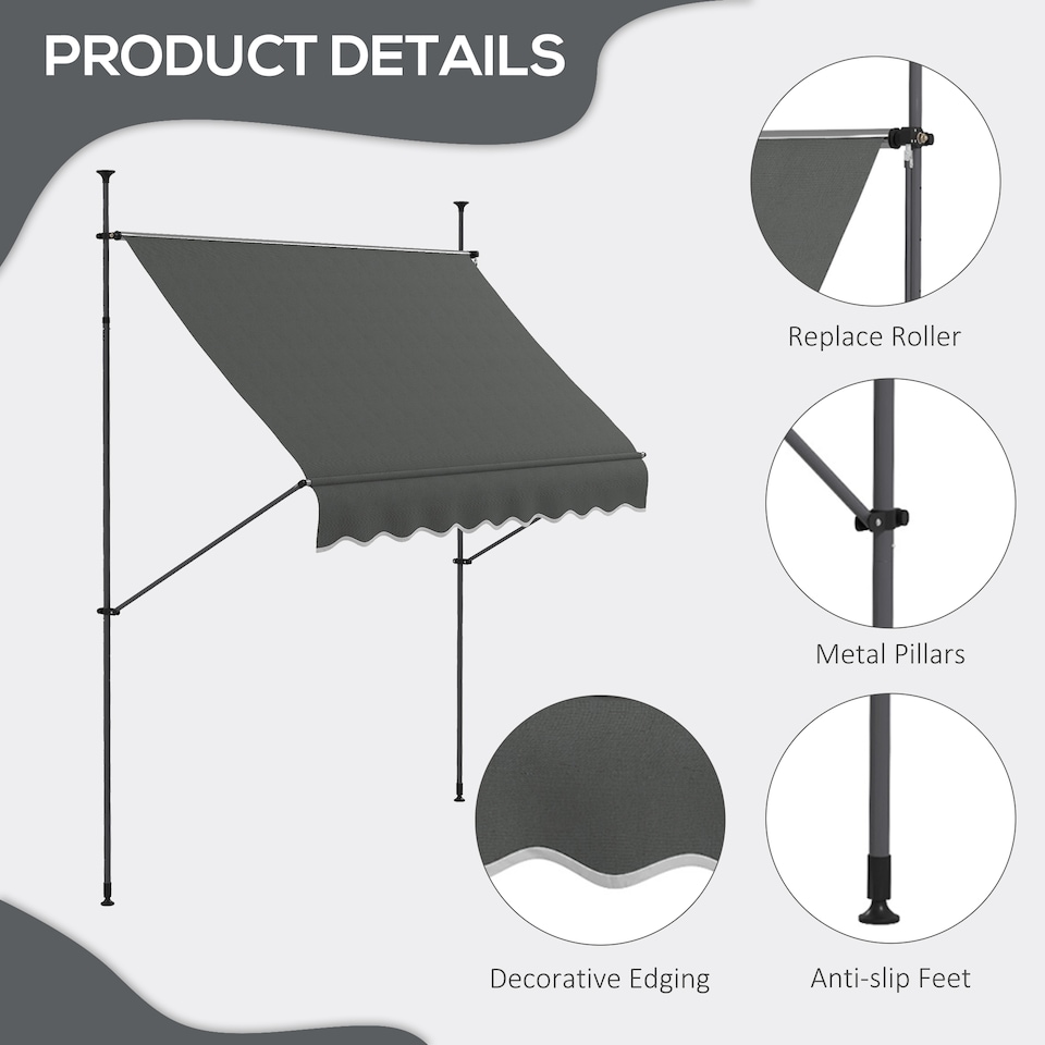 image 1 of Outsunny 2.5 x 1.2m Freestanding Retractable Awning, Non-Screw Garden Awning | Grey | 1