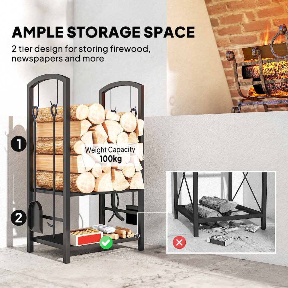 image 1 of Outsunny Metal Firewood Log Holder 2 Layer Firewood Rack Indoor Outdoor Fireplace Wood Storage Shelf with 4 Tools and Hooks, Black, 40L x 30W x 74.5H cm