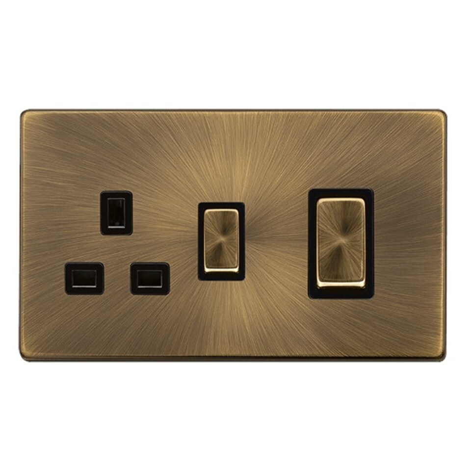 SE HOME Antique Brass Screwless Plate Cooker Control Ingot 45A With 13A Switched Plug Socket - Black Trim - SE Home Brown | Antique Brass