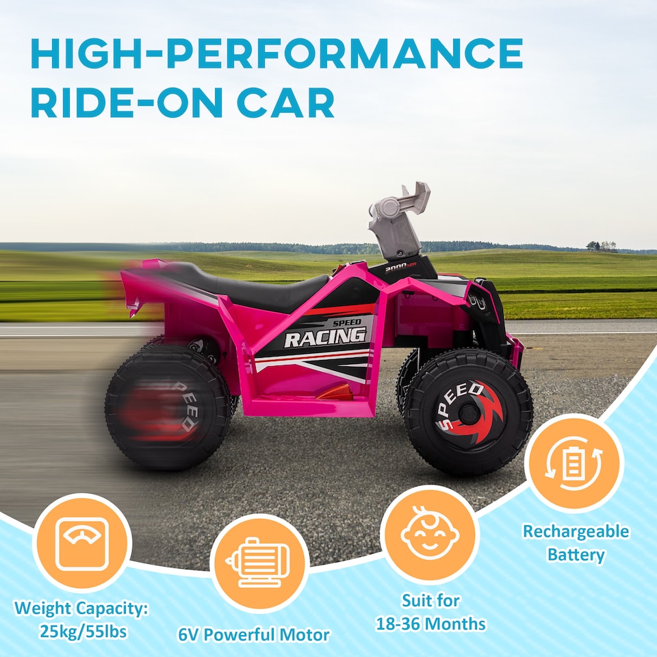 image 1 of HOMCOM 6V Electric Quad Bike Kids Ride On All Terrain Vehicle with Forward Backward Function, for Ages 18-36 Months - Pink