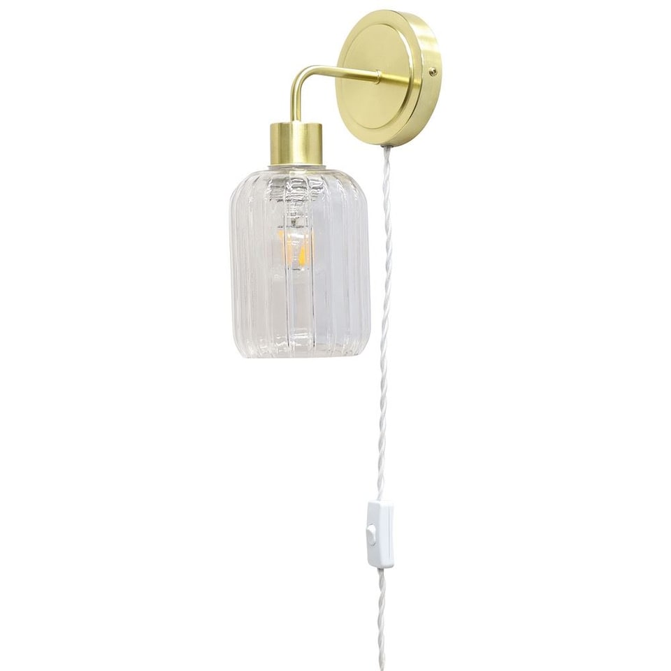 image 1 of Toby - Satin Brass Plug in Wall Light with Lozenge Ribbed Glass Shade