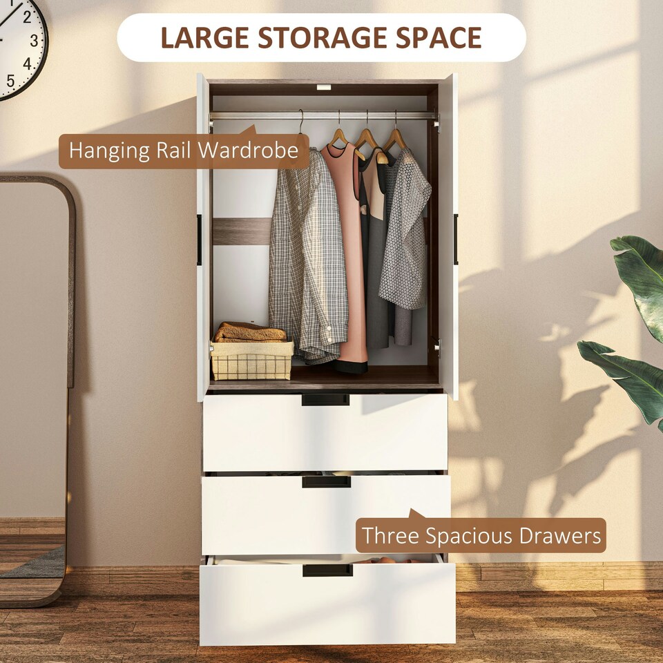 image 1 of HOMCOM 2 Door Wardrobe Brown Wardrobe with 3 Drawer and Hanging Rod Brown