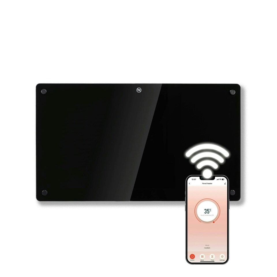 image 1 of Futura 1500W Smart Wifi Heater Electric Panel Wall Mounted Black Glass Radiator