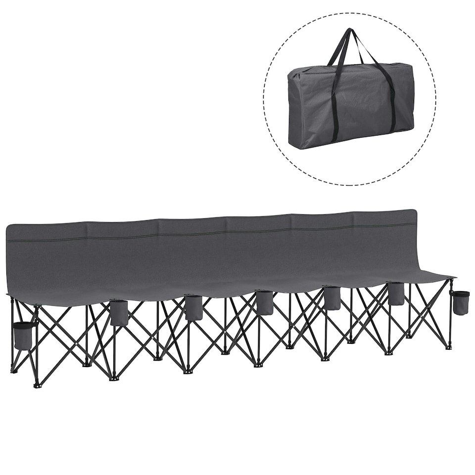 image 1 of Outsunny 6 Seater Folding Bench Camping Chair with Cup Holder, Grey Grey | Charcoal grey