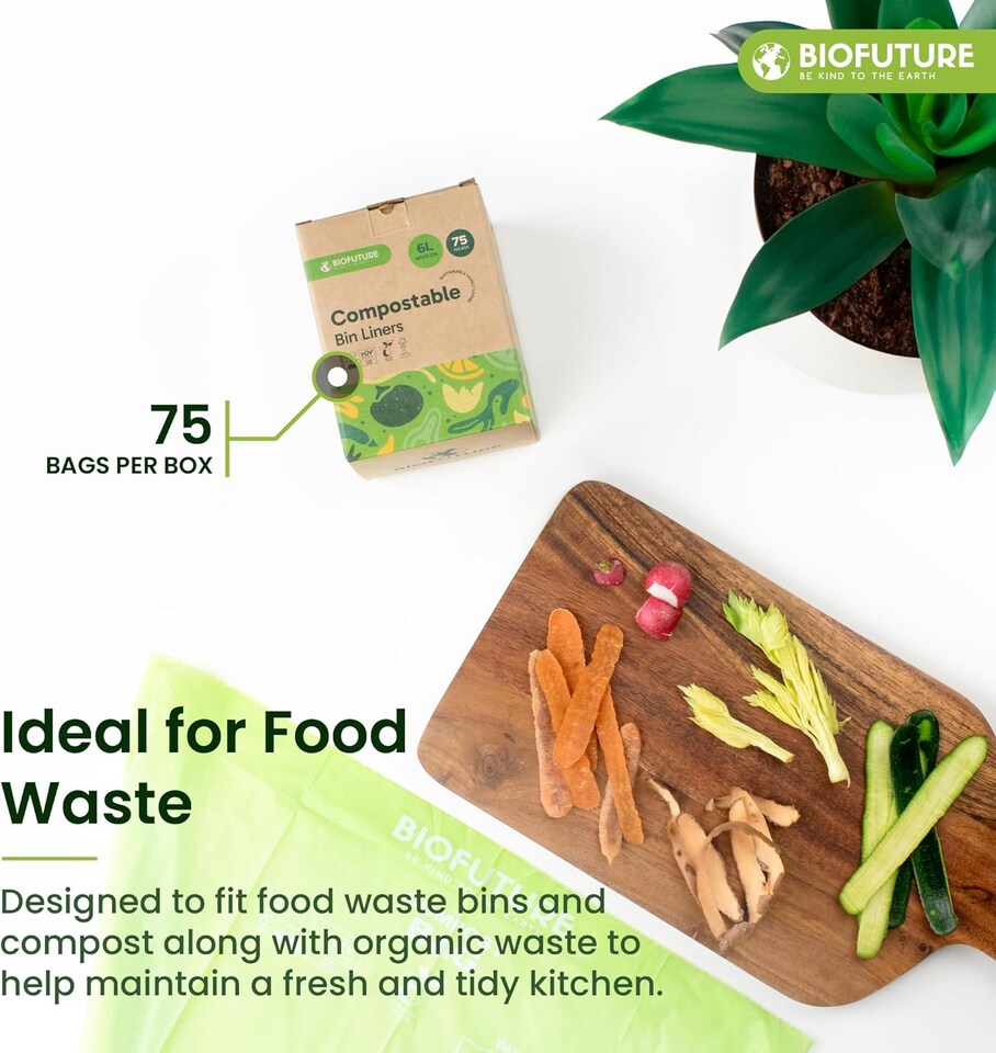 image 1 of Biofuture 6L x 75 Compostable Bin Liners | Home Compostable & Council Approved | Fits 5-7L Kitchen Food Waste Bins | EN13432 Certified & TUV Certified