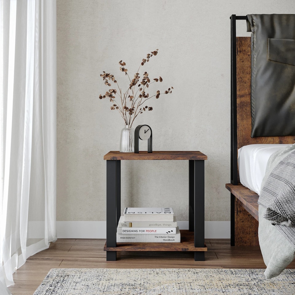 image 1 of Sandra 2 Tier S-Tube End Table Small Wood Bedside Nightstand With Storage Shelf | Multi | Rustic Brown with Black Legs