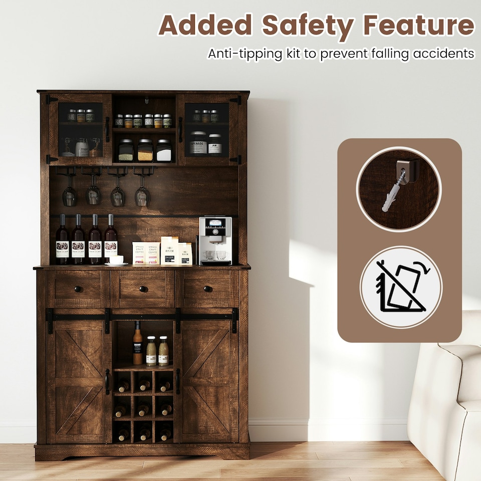 image 1 of COSTWAY 184cm Tall Kitchen Cupboard Buffet Storage Cabinet Brown