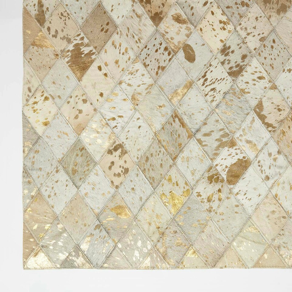 image 1 of Homescapes Gold and Grey Geometric Diamond Leather Rug - 90 x 150 cm