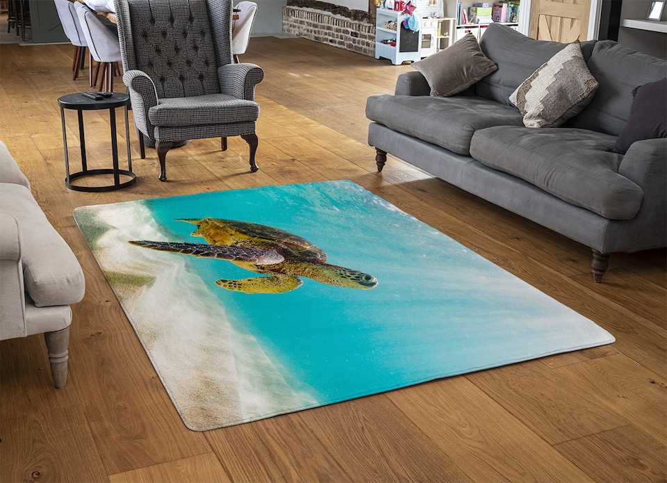 image 1 of Photo Of Sea Turtle In The Galapagos Island Designer Rug | Multi
