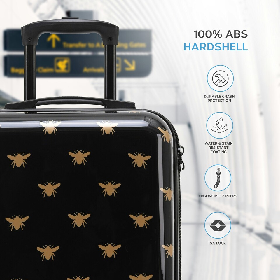 image 1 of Flight Knight Carry On Suitcase - 8 Wheel TSA Lock USB Port - Anti Crack Case Hard Luggage Approved for easyJet, Jet2, BA Black | Black/Gold Stars | Cabin Bag