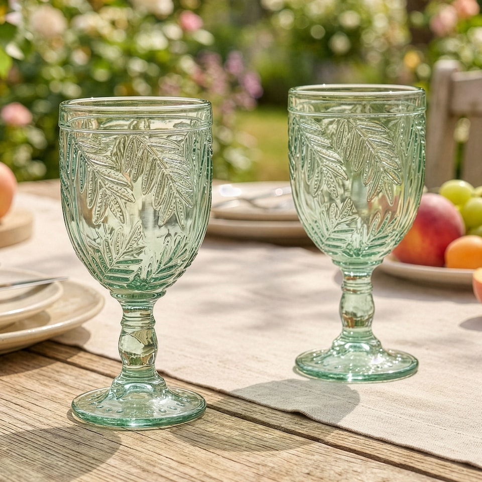 image 1 of Set of 4 Laurier Green Embossed Leaf Drinking Glass Spring Summer Wine Goblets 320ml