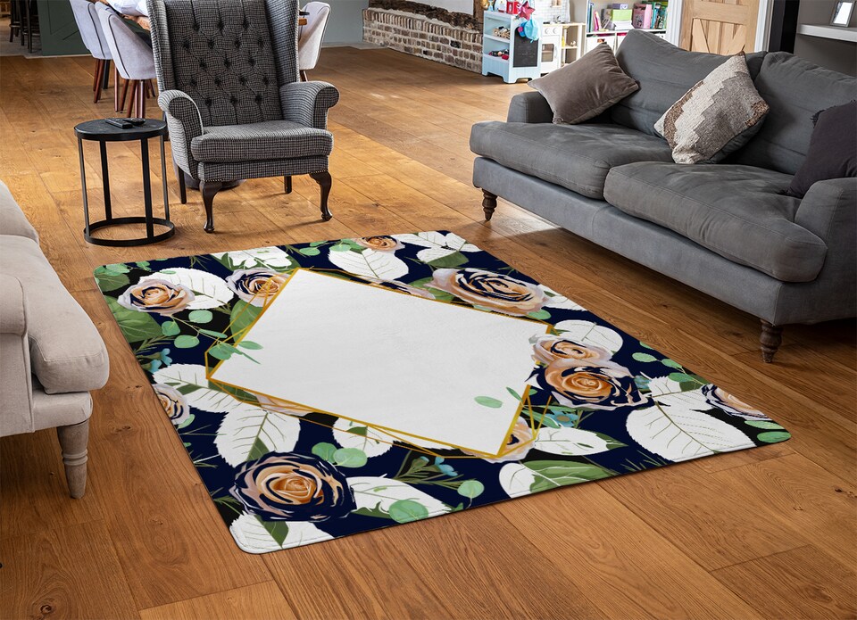 image 1 of Decorative Flowers On Navy Rug | Multi