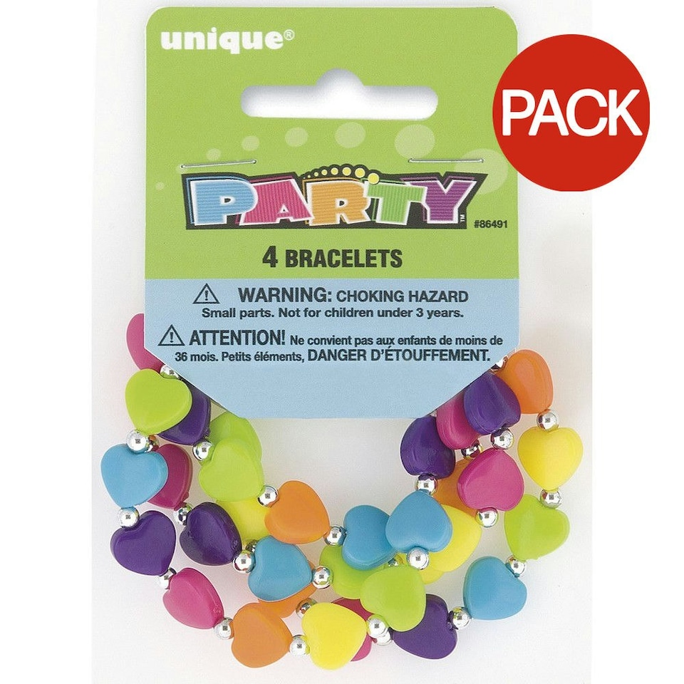 Unique Party Heart Bracelet (Pack of 4) - Purple/Green/Blue/Pink - One Size
