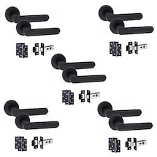 Golden Grace 5 Pairs Modern Lima Design Premium Door Handles on Round Rose in Matt Black Finish 3" Ball Bearing Hinges and 2.5" Tubular Latch | Black | 5 Pairs