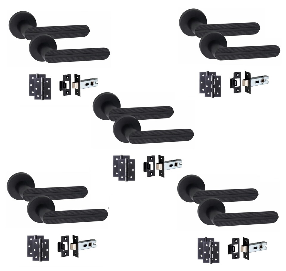 image 1 of Golden Grace 5 Pairs Modern Lima Design Premium Door Handles on Round Rose in Matt Black Finish 3" Ball Bearing Hinges and 2.5" Tubular Latch | Black | 5 Pairs