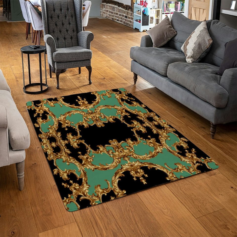 image 1 of Black & Green Baroque (Rug) Green | Medium: 80x150cm