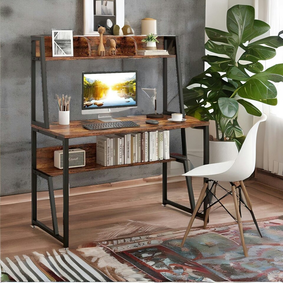 image 1 of 3 Tier Industrial Writing Desk Rustic Brown Brown