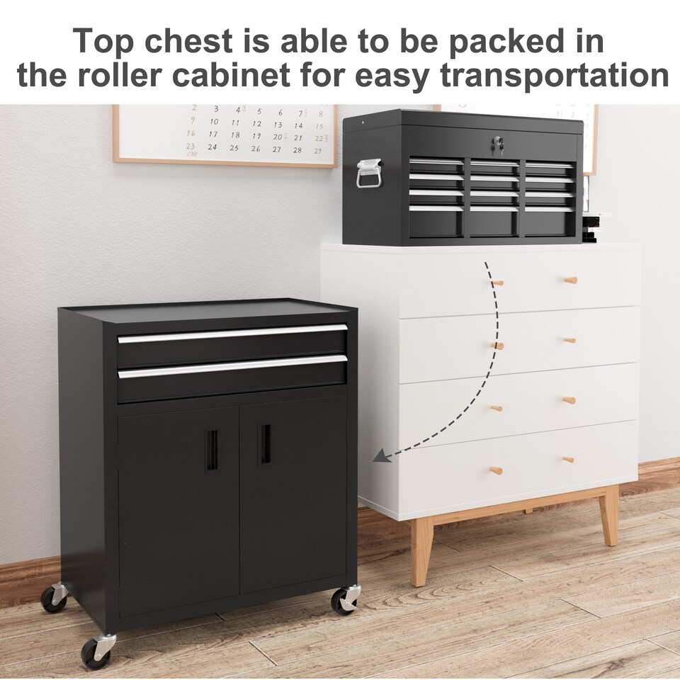 image 1 of HOMCOM Top Chest and Roller Cabinet Combo Metal Tool Cabinet on Wheels Black | Black
