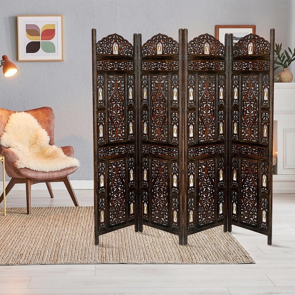 image 1 of 4 Panel Heavy Duty Carved  Screen Wooden Bells Design Room Divider Dark Brown 200 x 180 cm | Brown | Dark Brown | 200 x 180 cm