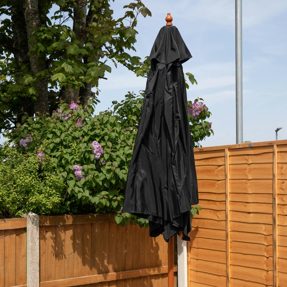 image 1 of 2.4m Wooden Garden Patio Sun Shade Parasol Shaft & Pulley in Black