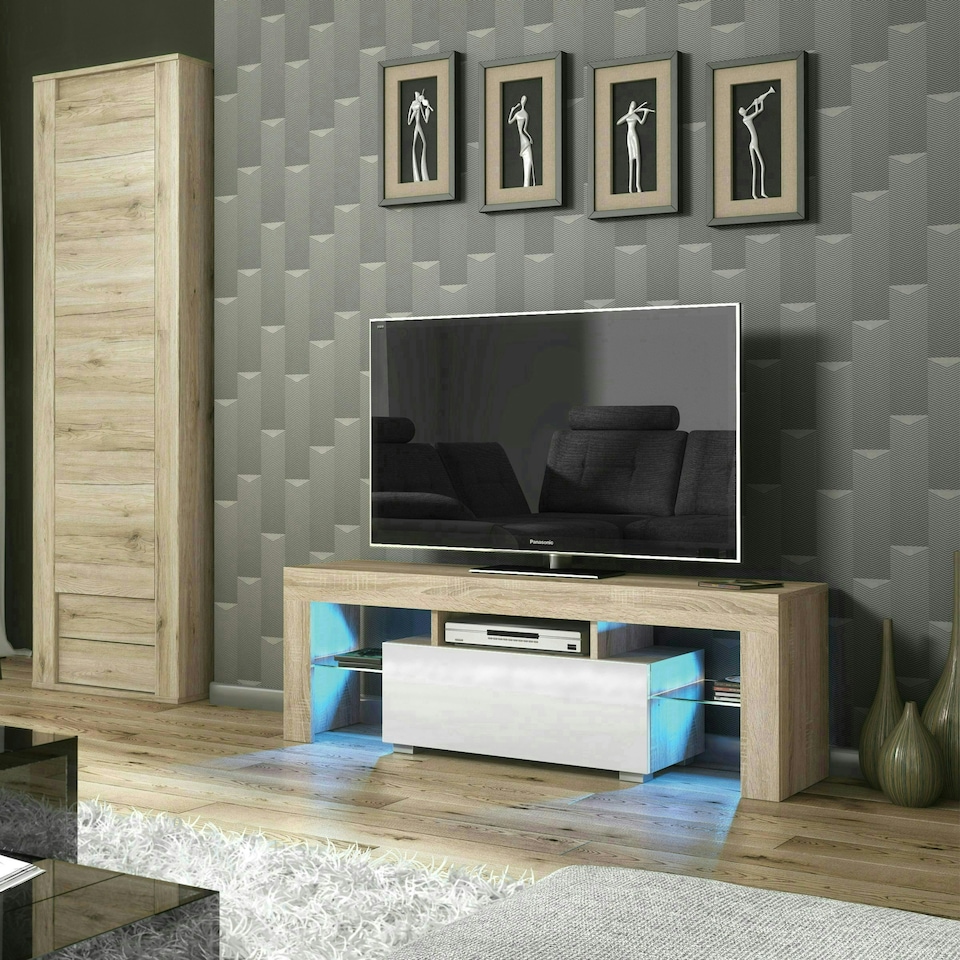 image 1 of TV Unit 130cm White Gloss Door Oak Matt Body with Glass Sides Free LED | Brown | White | One Size | 1